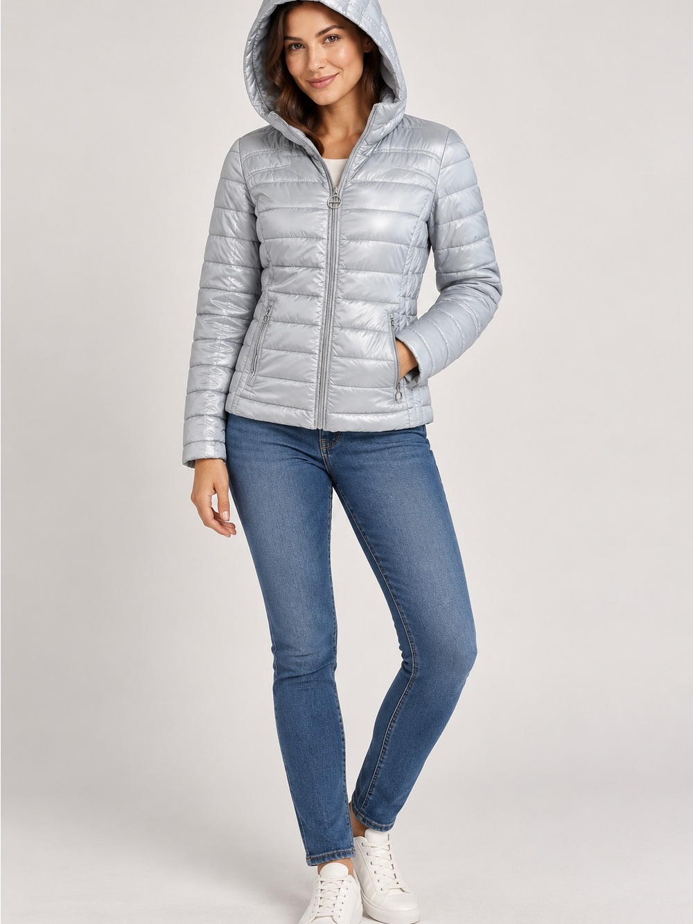Laundry By Shelli Segal Metallic Light Silver Hooded Quilted Puffer Jacket ,